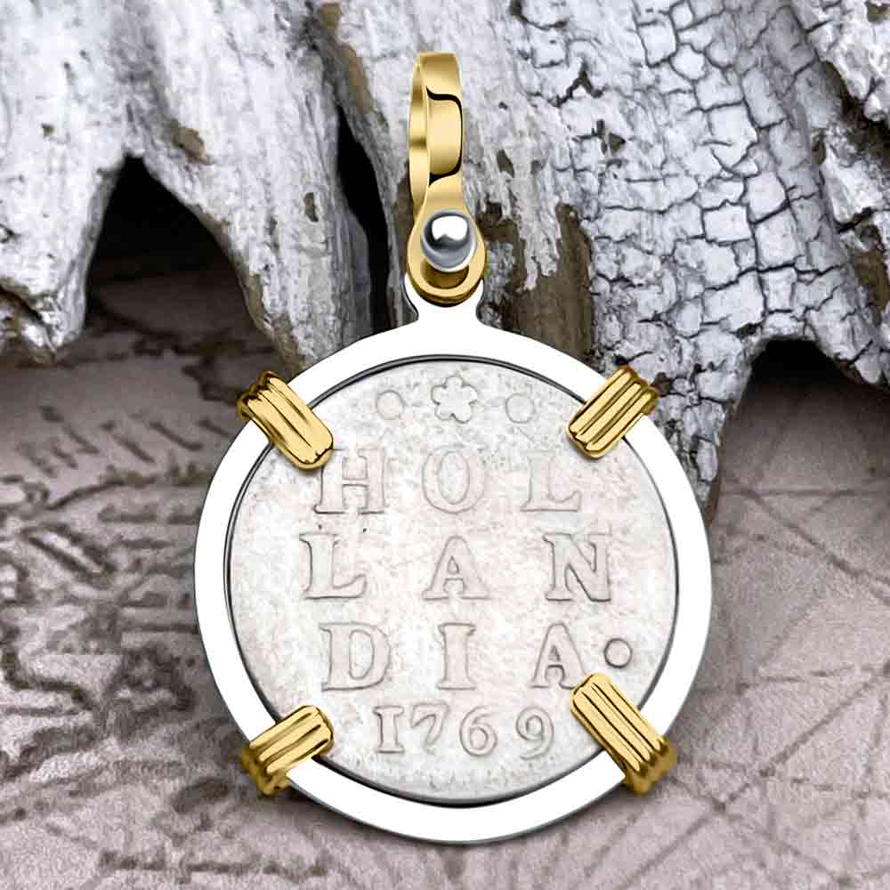 VOC - Dutch East India Company 1769 Silver 2 Stuiver Lion Coin 14K Gold and Sterling Silver Pendant