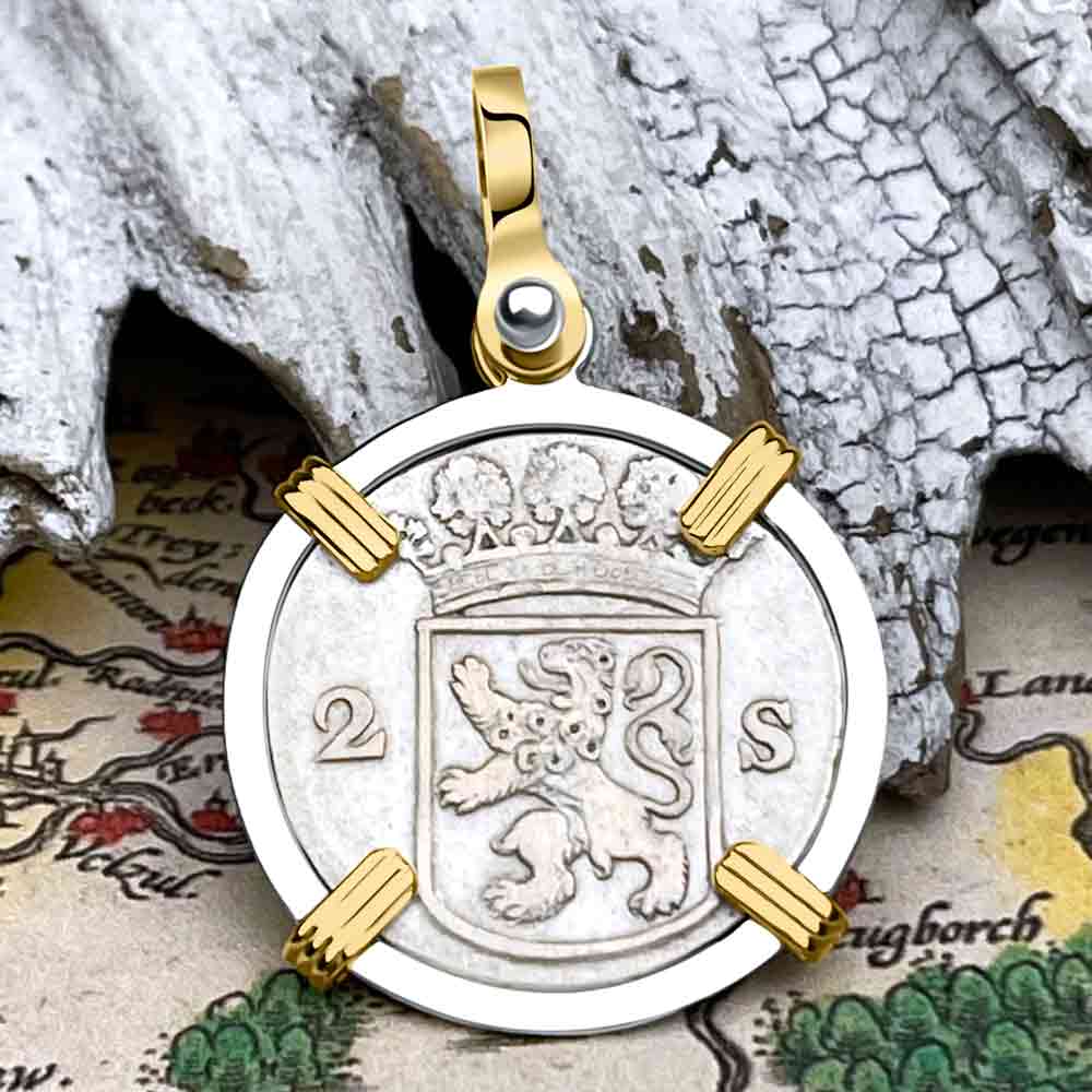 VOC - Dutch East India Company 1758 Silver 2 Stuiver Lion Coin 14K Gold and Sterling Silver Pendant