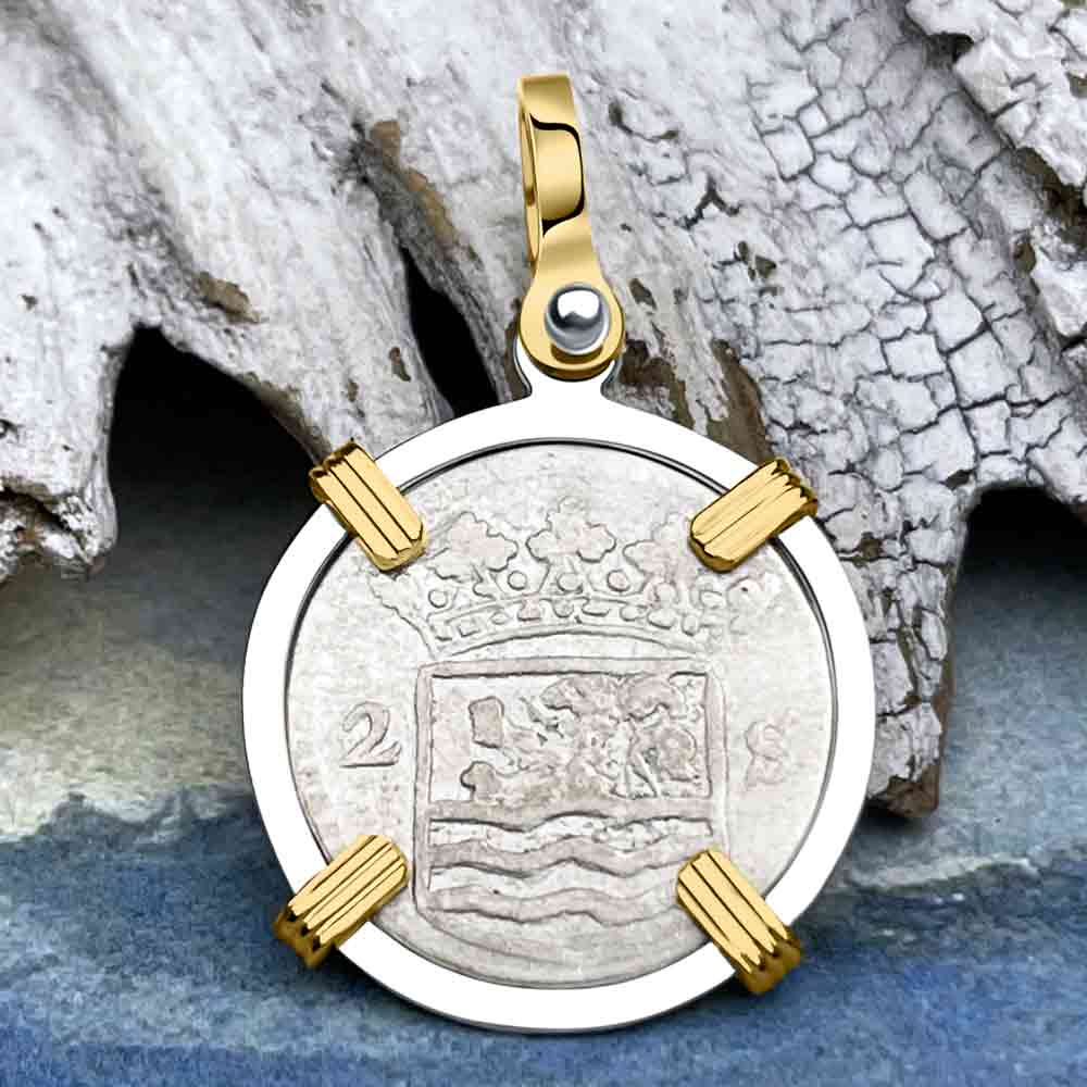 VOC - Dutch East India Company 1750 Silver 2 Stuiver &quot;I Struggle and Survive&quot; Lion Coin 14K Gold and Sterling Silver Pendant