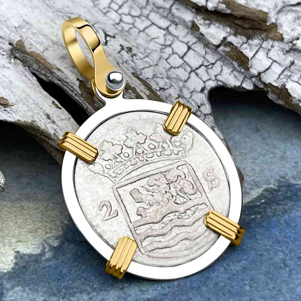 VOC - Dutch East India Company 1750 Silver 2 Stuiver &quot;I Struggle and Survive&quot; Lion Coin 14K Gold and Sterling Silver Pendant