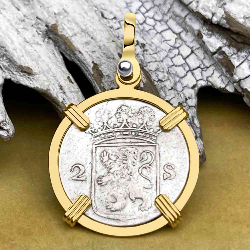 VOC - Dutch East India Company 1780 Silver 2 Stuiver Lion Coin 14K Gold Pendant