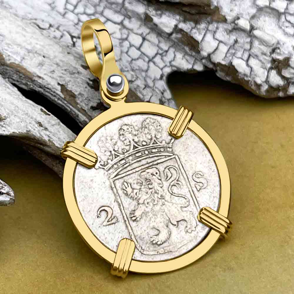 VOC - Dutch East India Company 1780 Silver 2 Stuiver Lion Coin 14K Gold Pendant