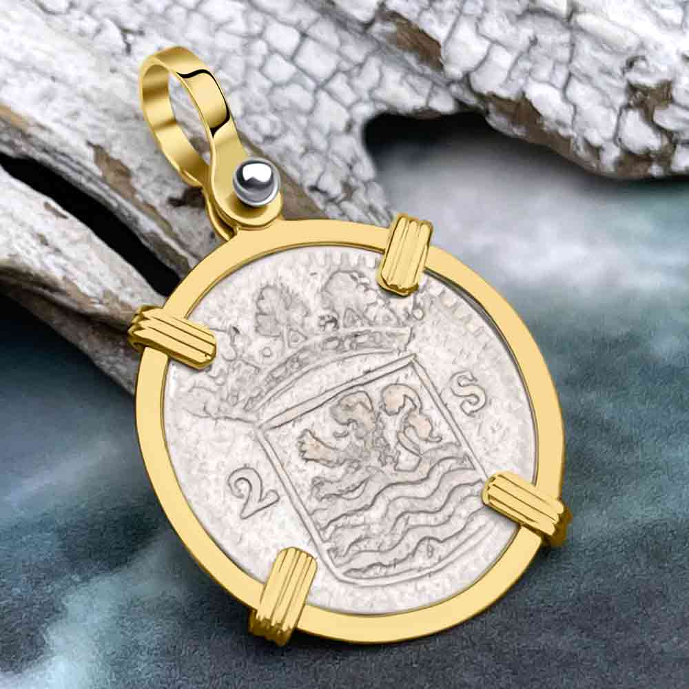 VOC - Dutch East India Company 1745 Silver 2 Stuiver &quot;I Struggle and Survive&quot; Lion Coin 14K Gold Pendant