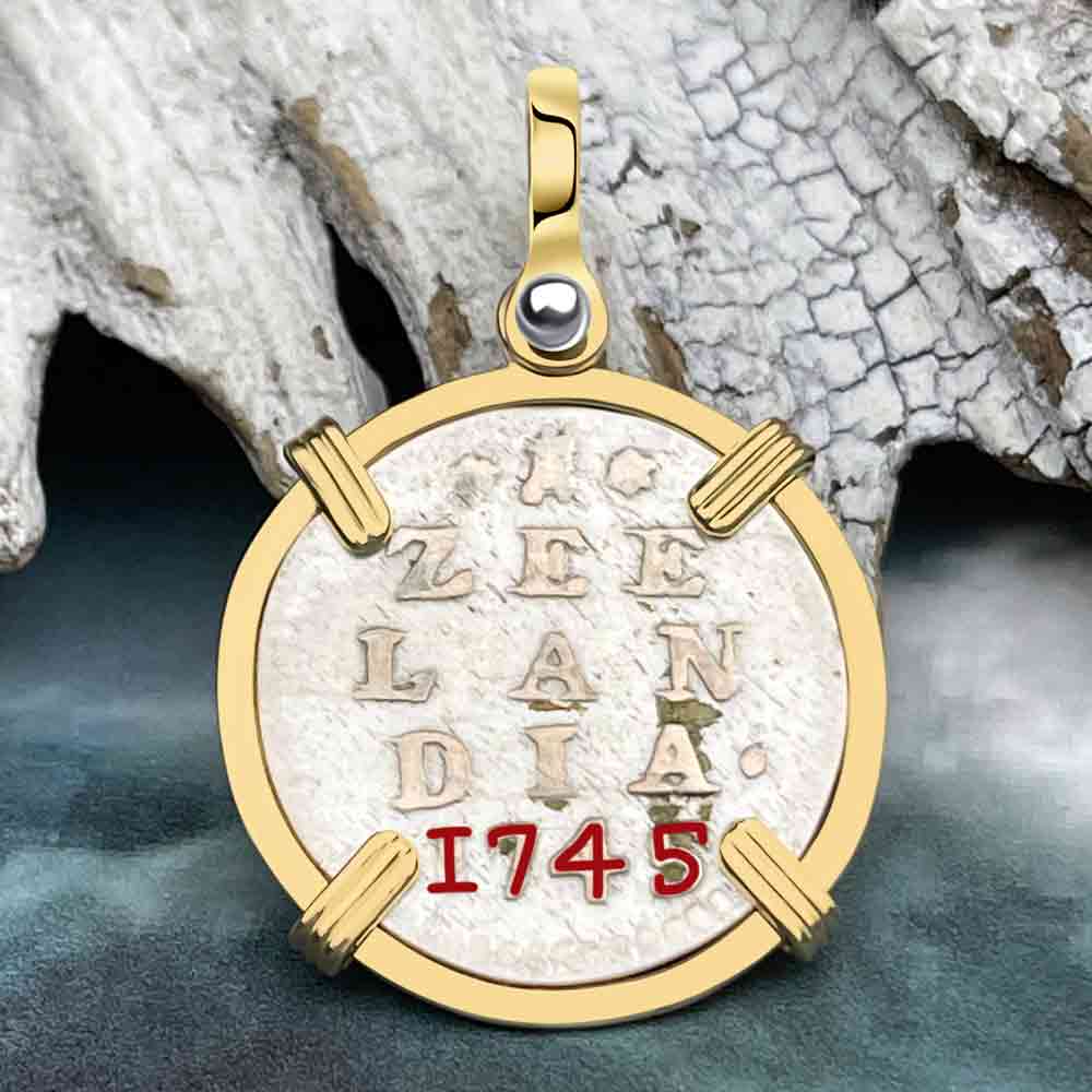 VOC - Dutch East India Company 1745 Silver 2 Stuiver &quot;I Struggle and Survive&quot; Lion Coin 14K Gold Pendant