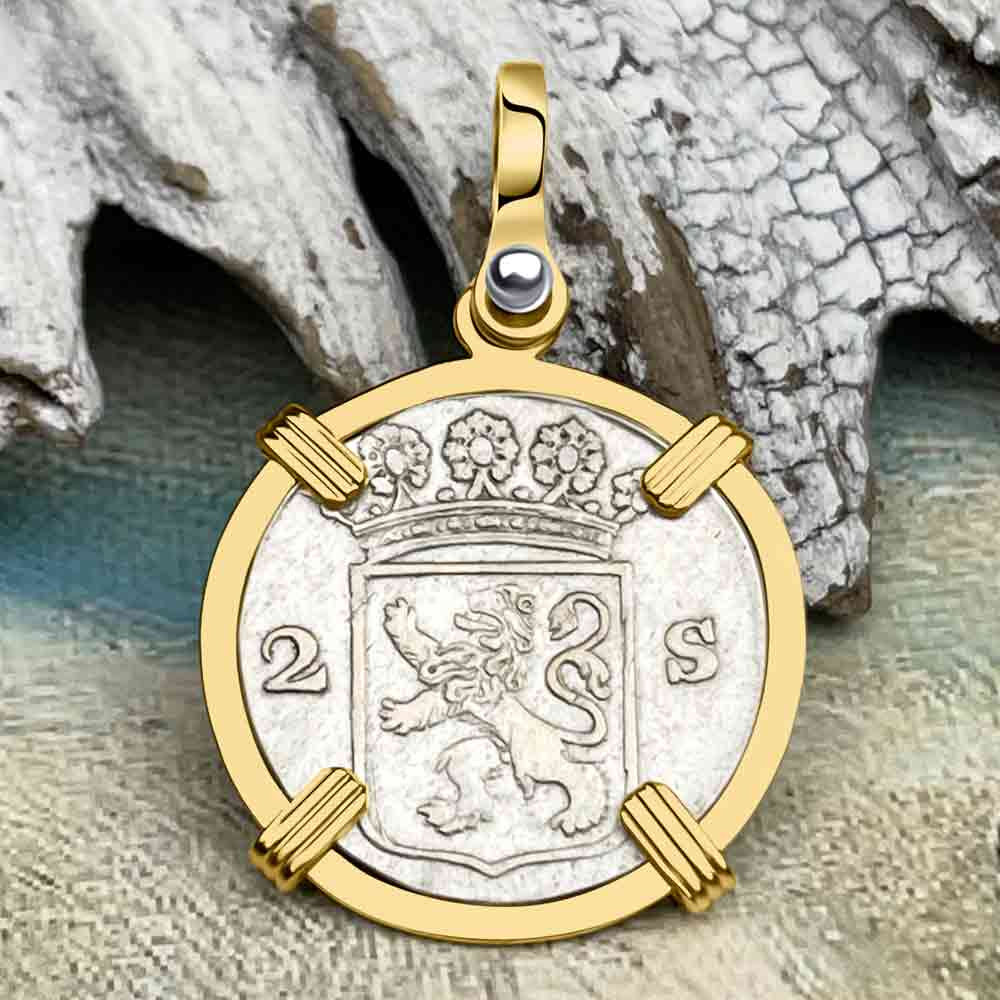 VOC - Dutch East India Company 1791 Silver 2 Stuiver Lion Coin 14K Gold Pendant