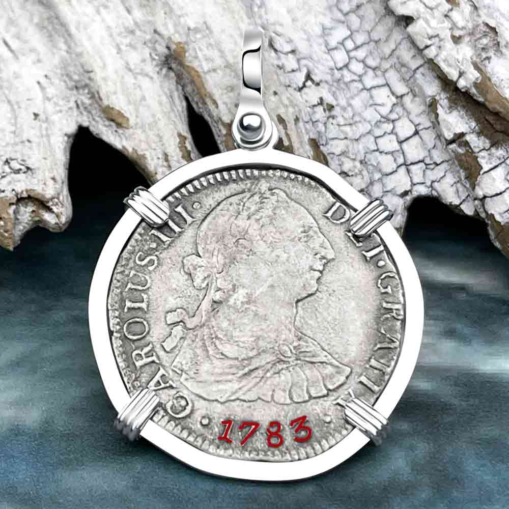 El Cazador Shipwreck 1783 Two Reale &quot;Piece of 8&quot; Silver Treasure Coin Sterling Silver Pendant