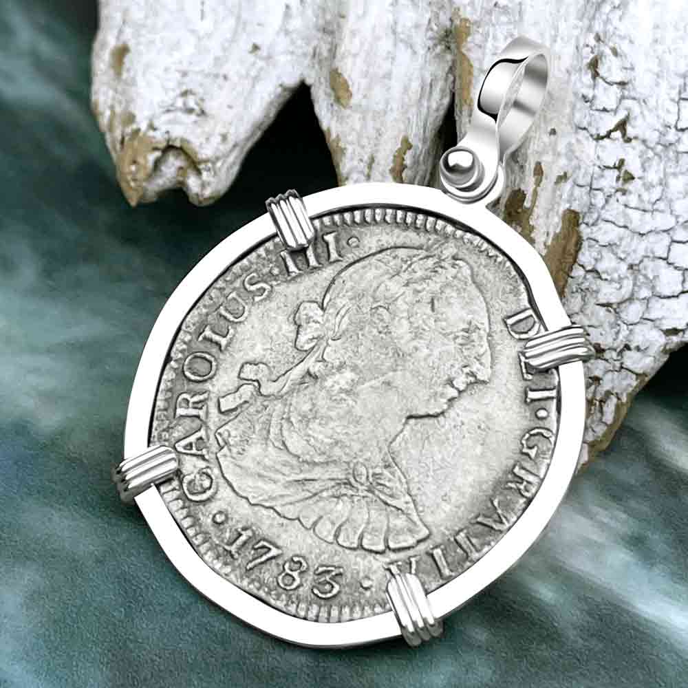 El Cazador Shipwreck 1783 Two Reale &quot;Piece of 8&quot; Silver Treasure Coin Sterling Silver Pendant