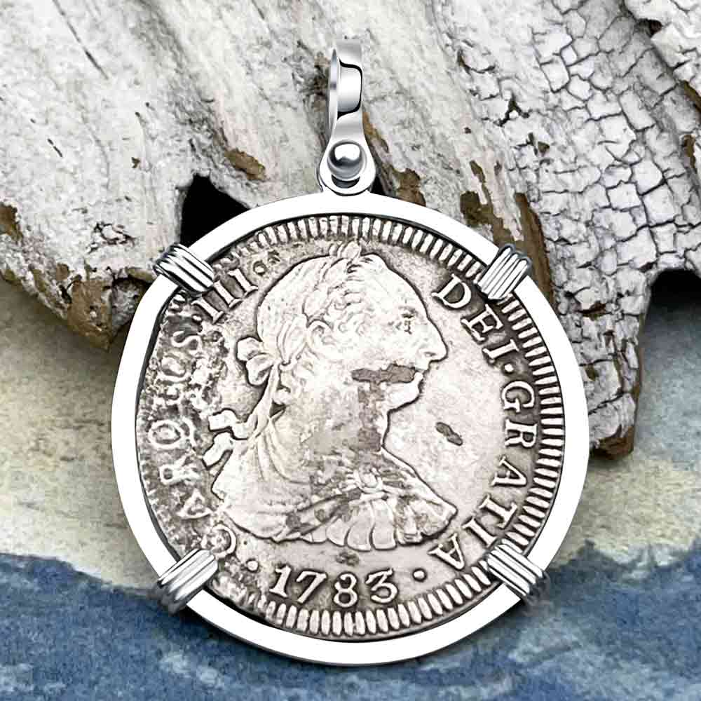 El Cazador Shipwreck 1783 Two Reale &quot;Piece of 8&quot; Silver Treasure Coin Sterling Silver Pendant 