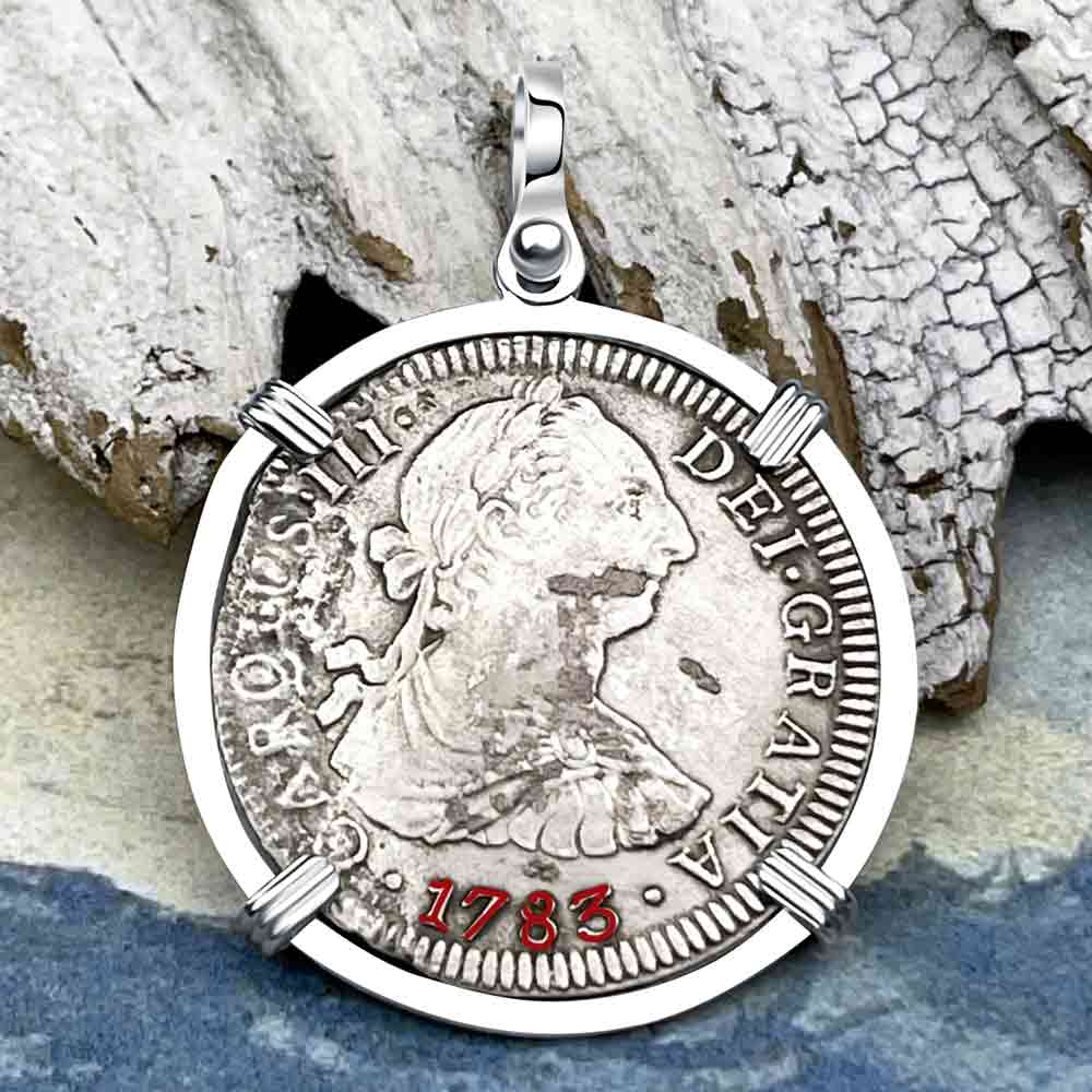 El Cazador Shipwreck 1783 Two Reale &quot;Piece of 8&quot; Silver Treasure Coin Sterling Silver Pendant 