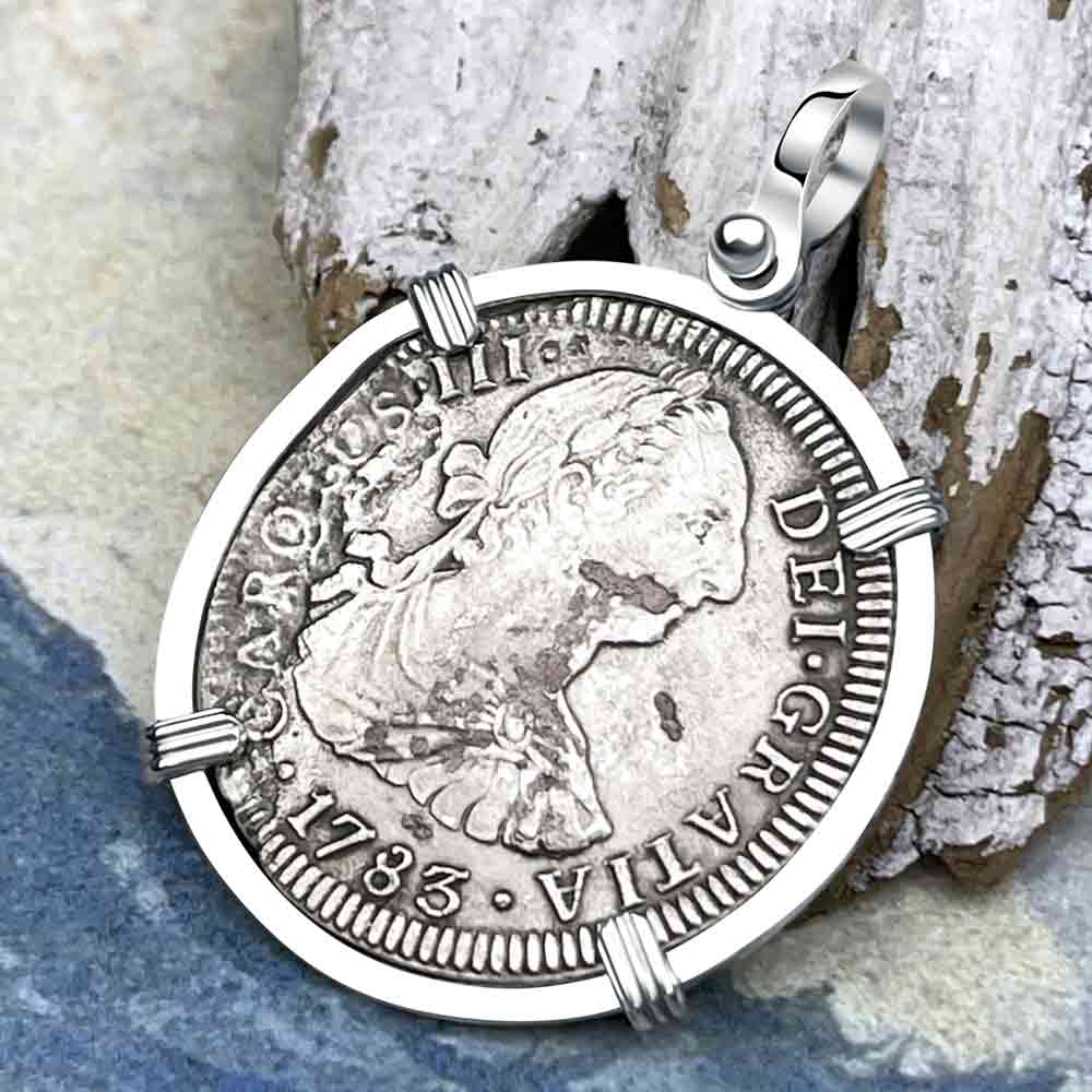 El Cazador Shipwreck 1783 Two Reale &quot;Piece of 8&quot; Silver Treasure Coin Sterling Silver Pendant 