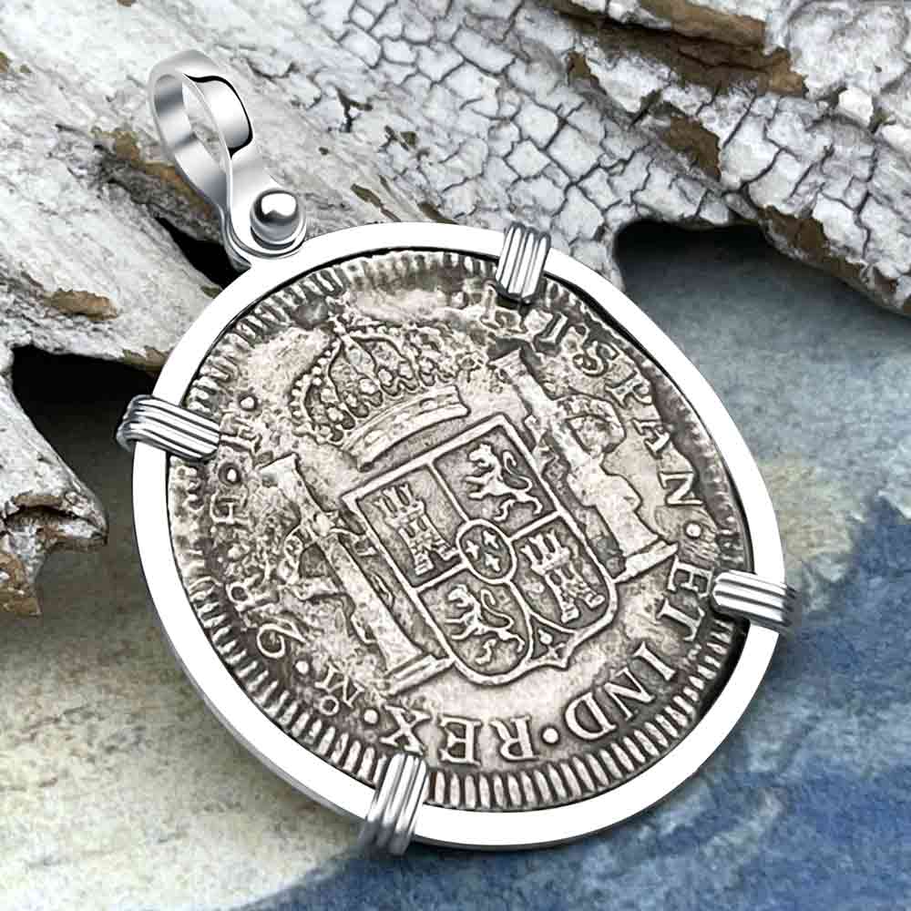 El Cazador Shipwreck 1783 Two Reale &quot;Piece of 8&quot; Silver Treasure Coin Sterling Silver Pendant | Artifact #8894