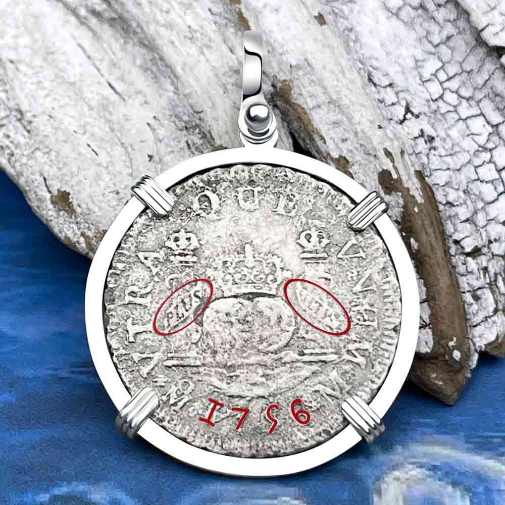 El Cazador Shipwreck Rare 1756 Pillar Dollar 2 Reale Sterling Silver Treasure Coin Pendant