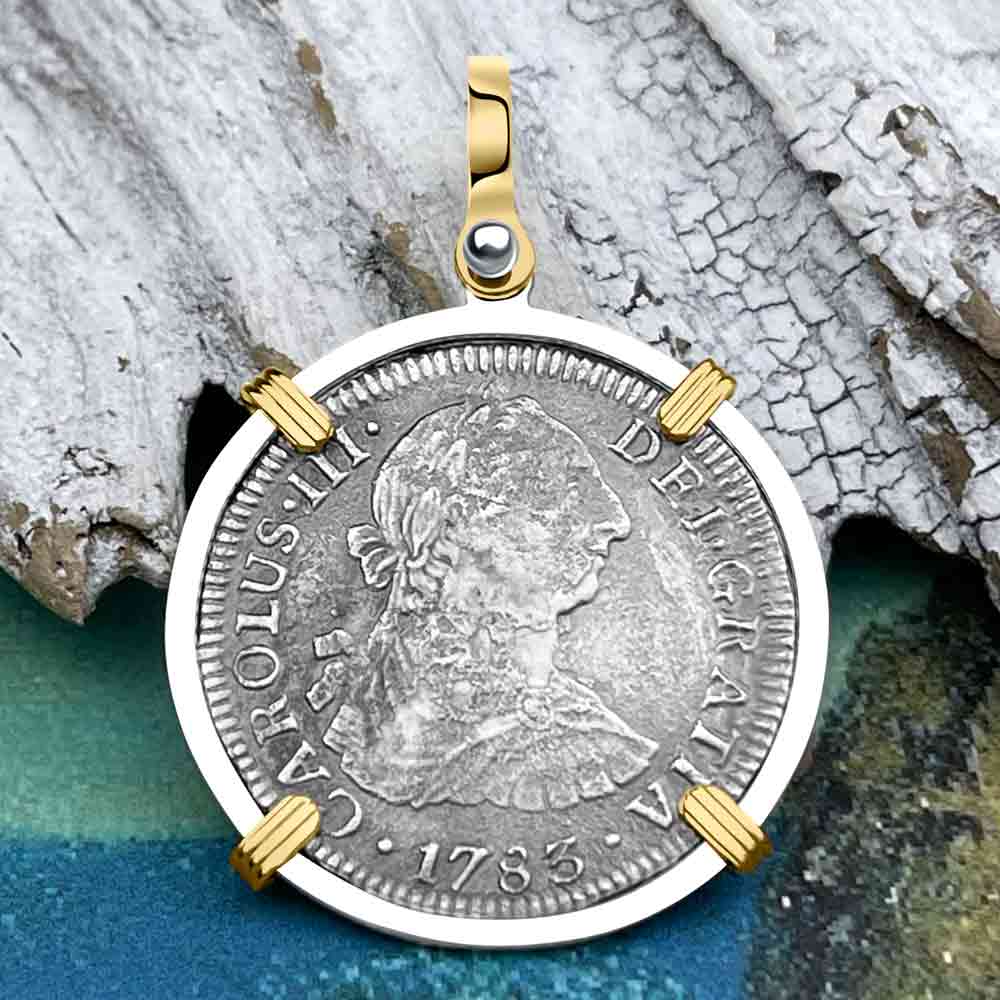 El Cazador Shipwreck 1783 2 Reale &quot;Piece of 8&quot; 14K Gold &amp; Silver Treasure Coin Pendant