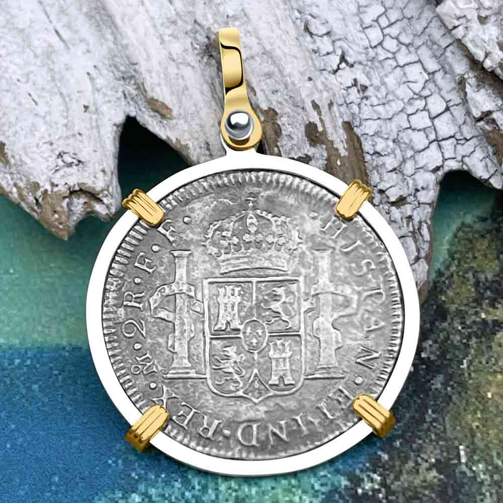 El Cazador Shipwreck 1783 2 Reale &quot;Piece of 8&quot; 14K Gold &amp; Silver Treasure Coin Pendant