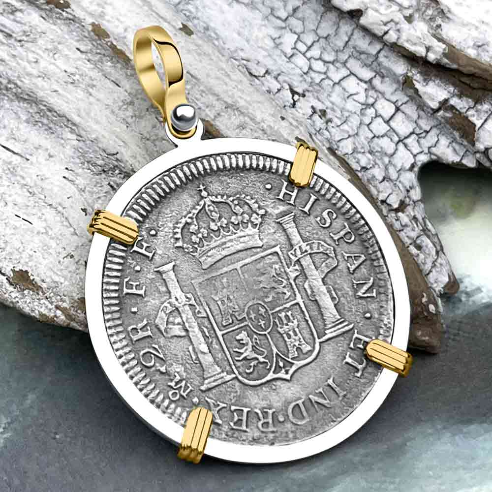 El Cazador Shipwreck 1783 2 Reale &quot;Piece of 8&quot; 14K Gold &amp; Silver Treasure Coin Pendant