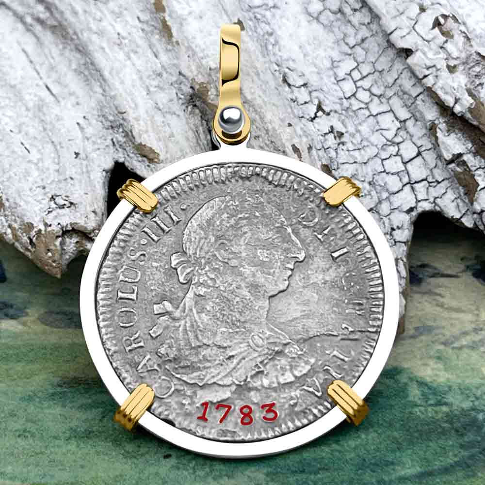 El Cazador Shipwreck 1783 2 Reale &quot;Piece of 8&quot; 14K Gold &amp; Silver Treasure Coin Pendant