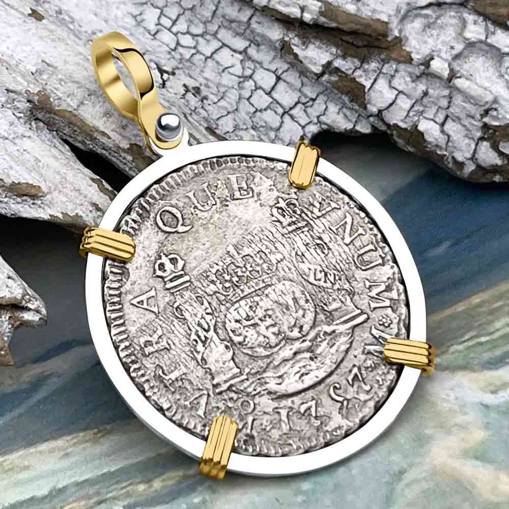 Rare El Cazador Shipwreck 1757 Pillar Dollar 2 Reale 14K Gold and Silver Treasure Coin Pendant