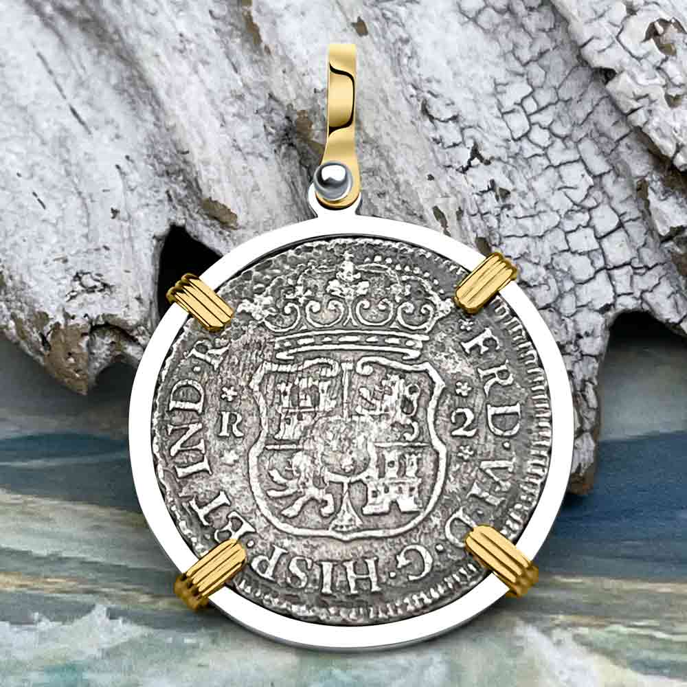 Rare El Cazador Shipwreck 1757 Pillar Dollar 2 Reale 14K Gold and Silver Treasure Coin Pendant