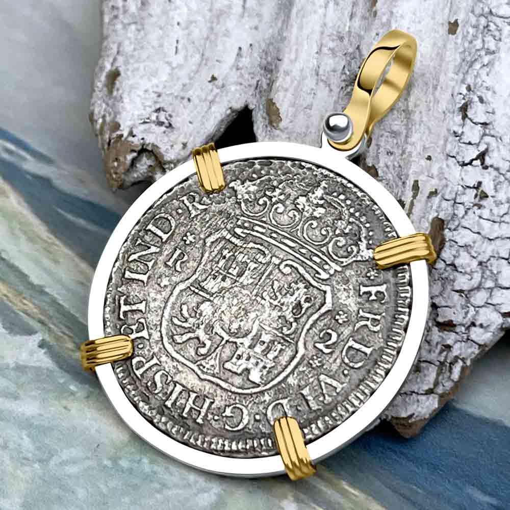 Rare El Cazador Shipwreck 1757 Pillar Dollar 2 Reale 14K Gold and Silver Treasure Coin Pendant