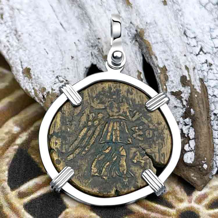 Ancient Greek Medusa &amp; Nike Protection and Victory Bronze Coin 120 BC Sterling Silver Pendant