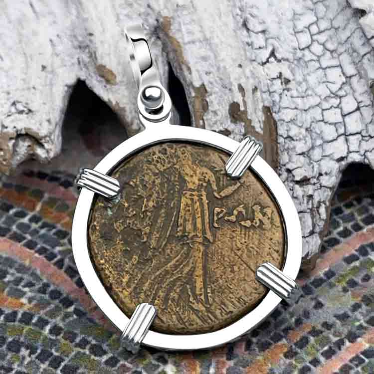 Ancient Greek Medusa &amp; Nike Protection and Victory Bronze Coin 120 BC Sterling Silver Pendant