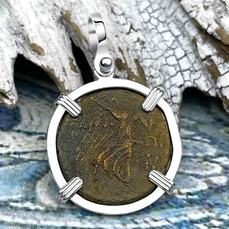 Ancient Greek Medusa &amp; Nike Protection and Victory Bronze Coin 120 BC Sterling Silver Pendant