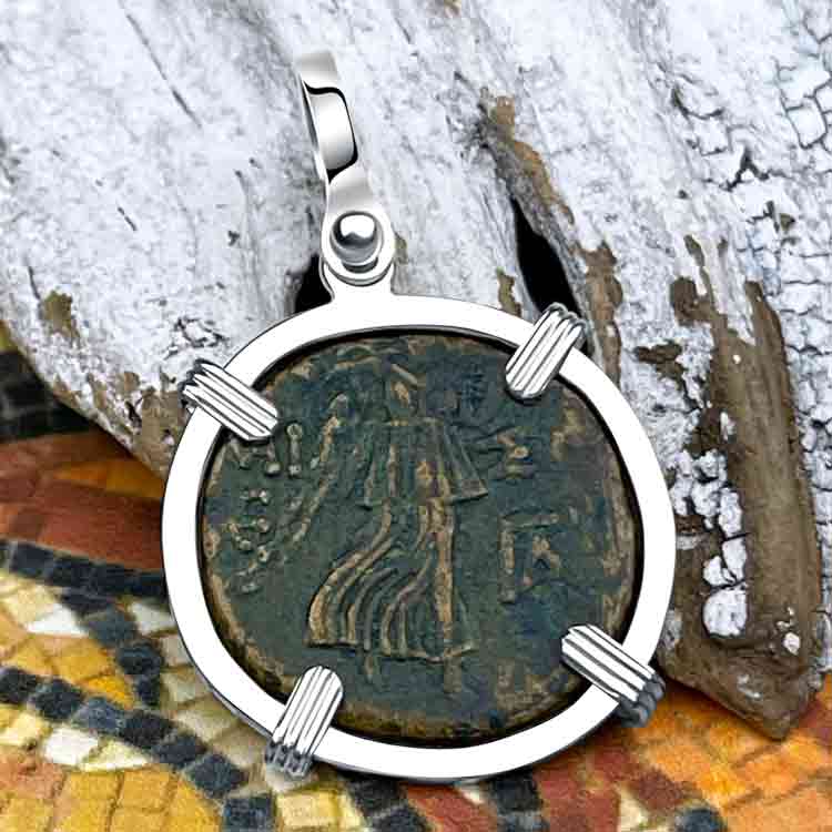 Ancient Greek Medusa &amp; Nike Protection and Victory Bronze Coin 120 BC Sterling Silver Pendant