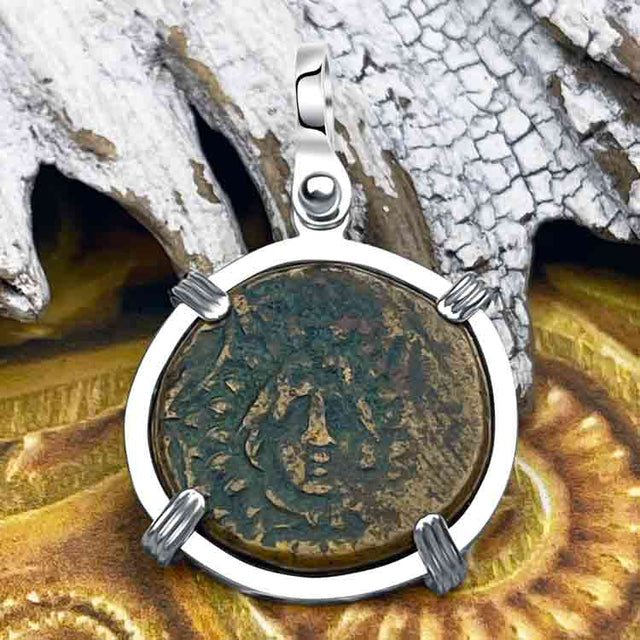 Ancient Greek Medusa & Nike Protection and Victory Bronze Coin 120 BC Sterling Silver Pendant