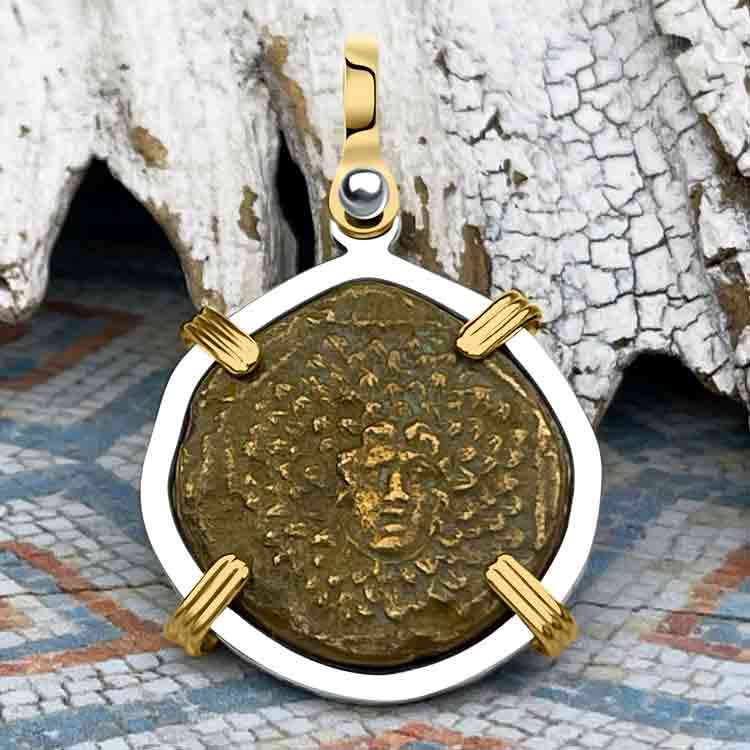 Ancient Greek Medusa & Nike Protection and Victory Bronze Coin 120 BC 14K Gold and Sterling Silver Pendant