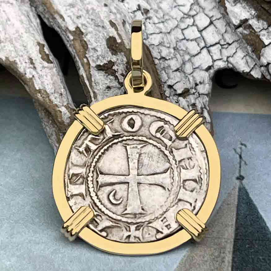 Templar Knights Era Antioch Crusader Medieval Silver Denier &quot;Helmet Head&quot; Coin of the Crusades 14K Gold Pendant