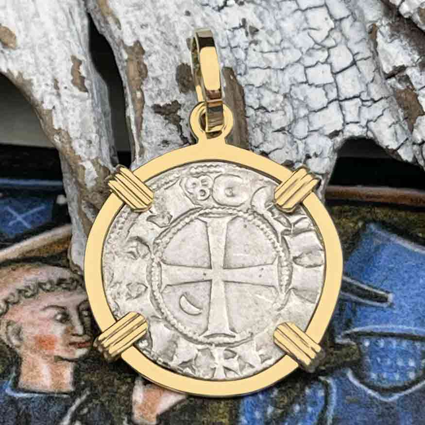 Templar Knights Era Antioch Crusader Medieval Silver Denier &quot;Helmet Head&quot; Coin of the Crusades 14K Gold Pendant