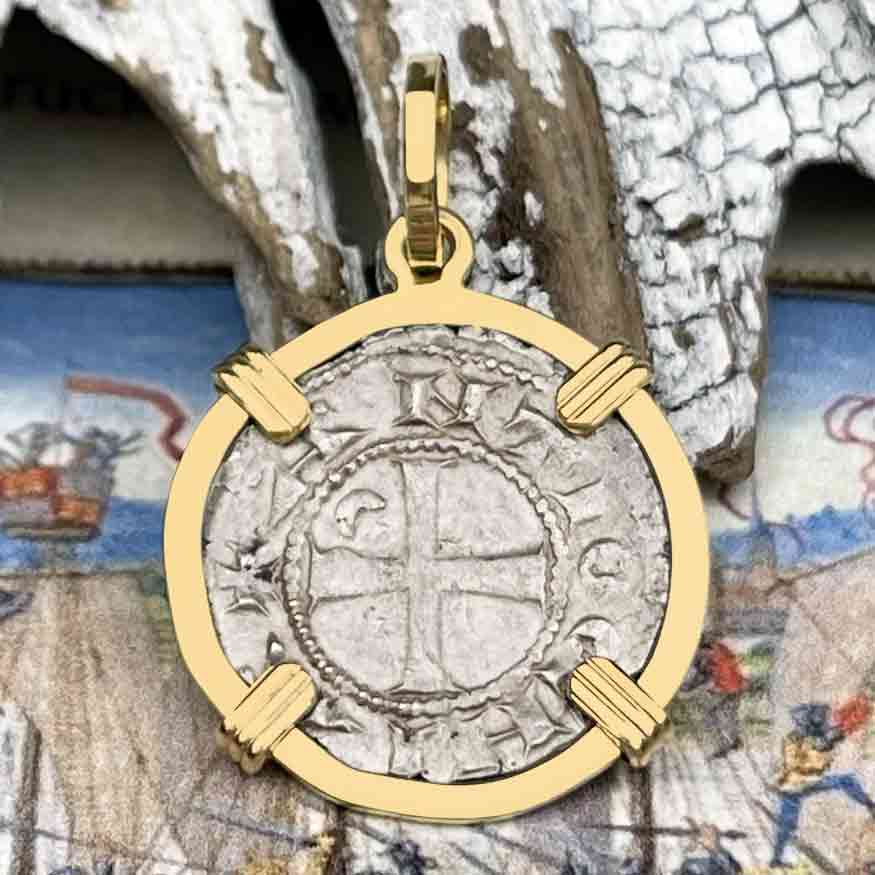 Templar Knights Era Antioch Crusader Medieval Silver Denier &quot;Helmet Head&quot; Coin of the Crusades 14K Gold Pendant