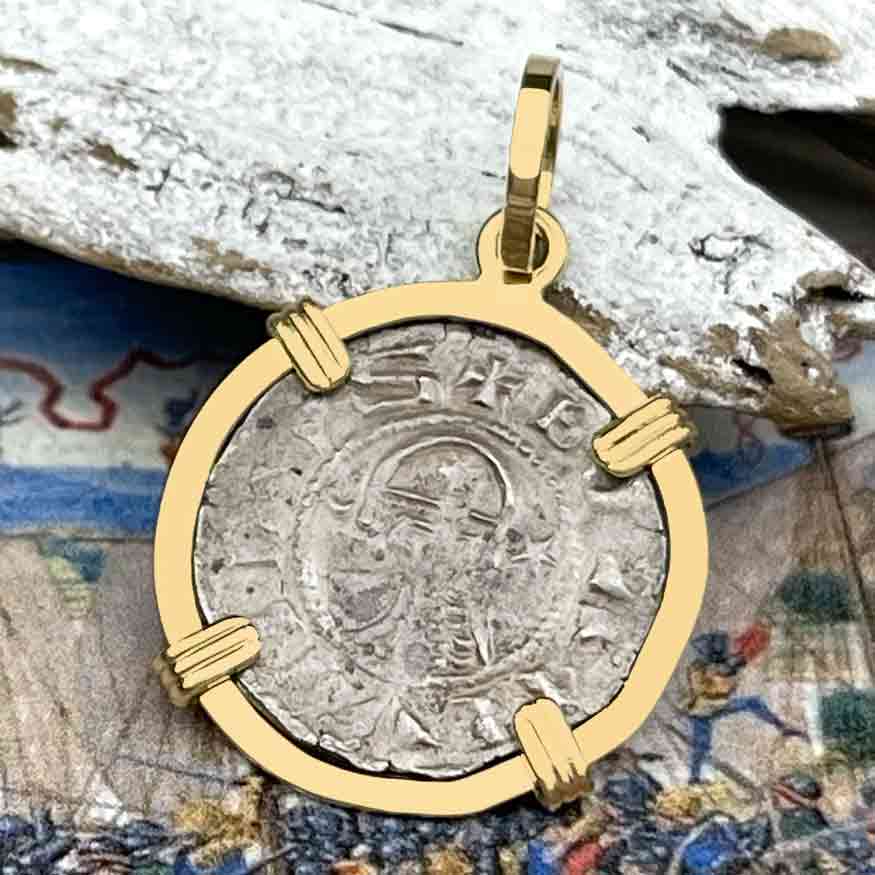 Templar Knights Era Antioch Crusader Medieval Silver Denier &quot;Helmet Head&quot; Coin of the Crusades 14K Gold Pendant