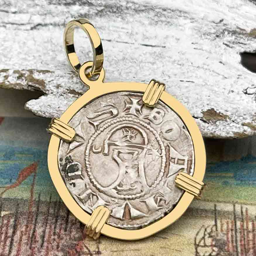 Templar Knights Era Antioch Crusader Medieval Silver Denier &quot;Helmet Head&quot; Coin of the Crusades 14K Gold Pendant