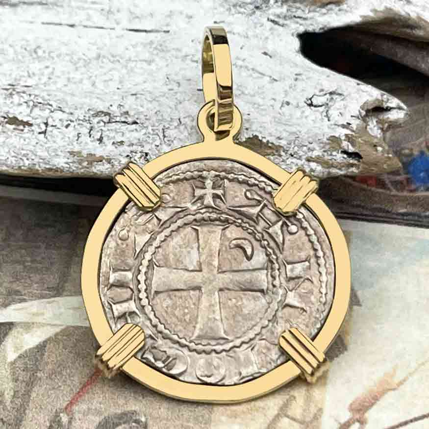 Templar Knights Era Antioch Crusader Medieval Silver Denier &quot;Helmet Head&quot; Coin of the Crusades 14K Gold Pendant