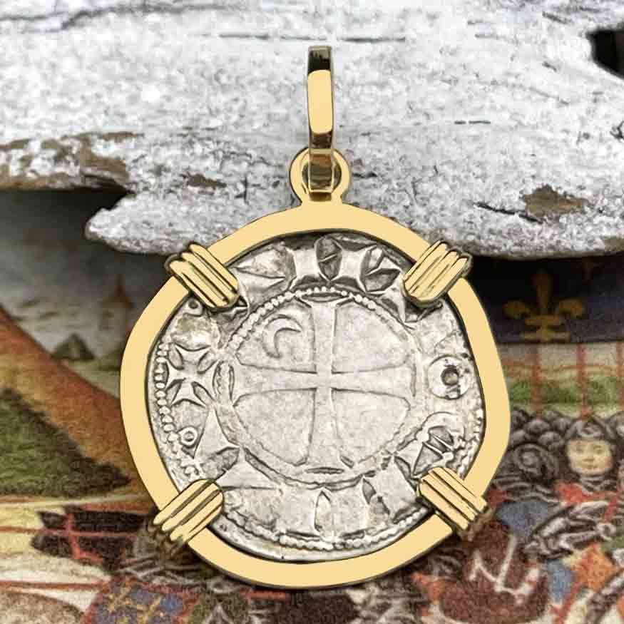 Templar Knights Era Antioch Crusader Medieval Silver Denier &quot;Helmet Head&quot; Coin of the Crusades 14K Gold Pendant