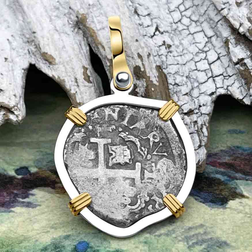 Dated 1715 Fleet Golden Age of Piracy Shipwreck Spanish 1 Reale &quot;Piece of 8&quot; 14K Gold and Sterling Silver Pendant