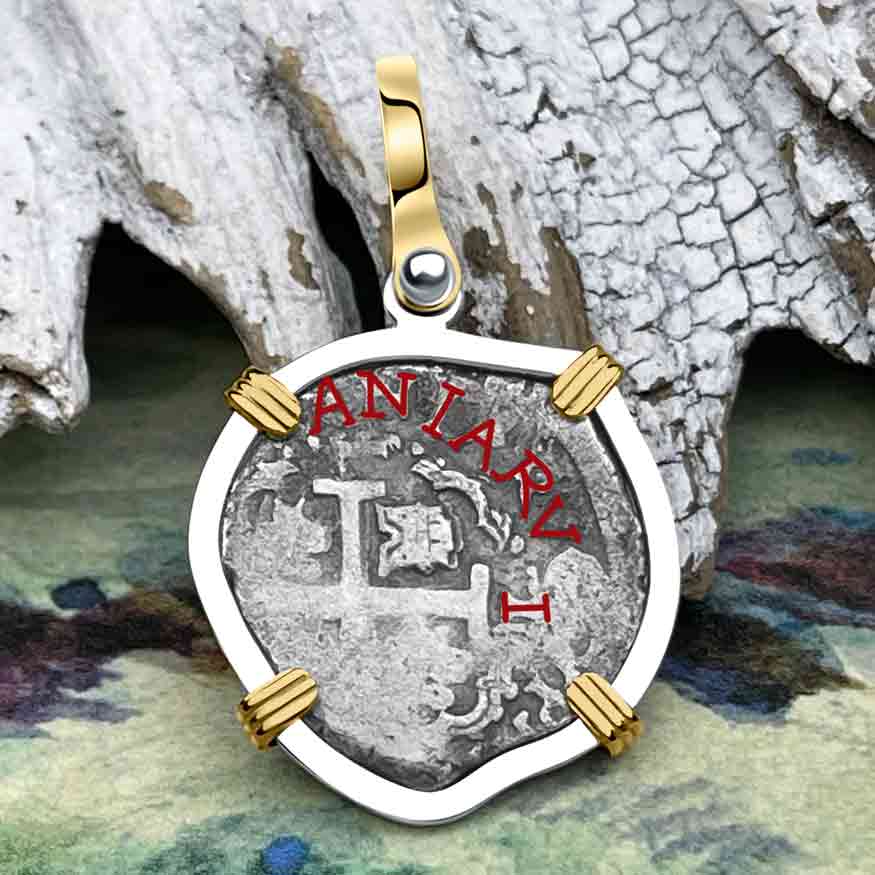 Dated 1715 Fleet Golden Age of Piracy Shipwreck Spanish 1 Reale &quot;Piece of 8&quot; 14K Gold and Sterling Silver Pendant