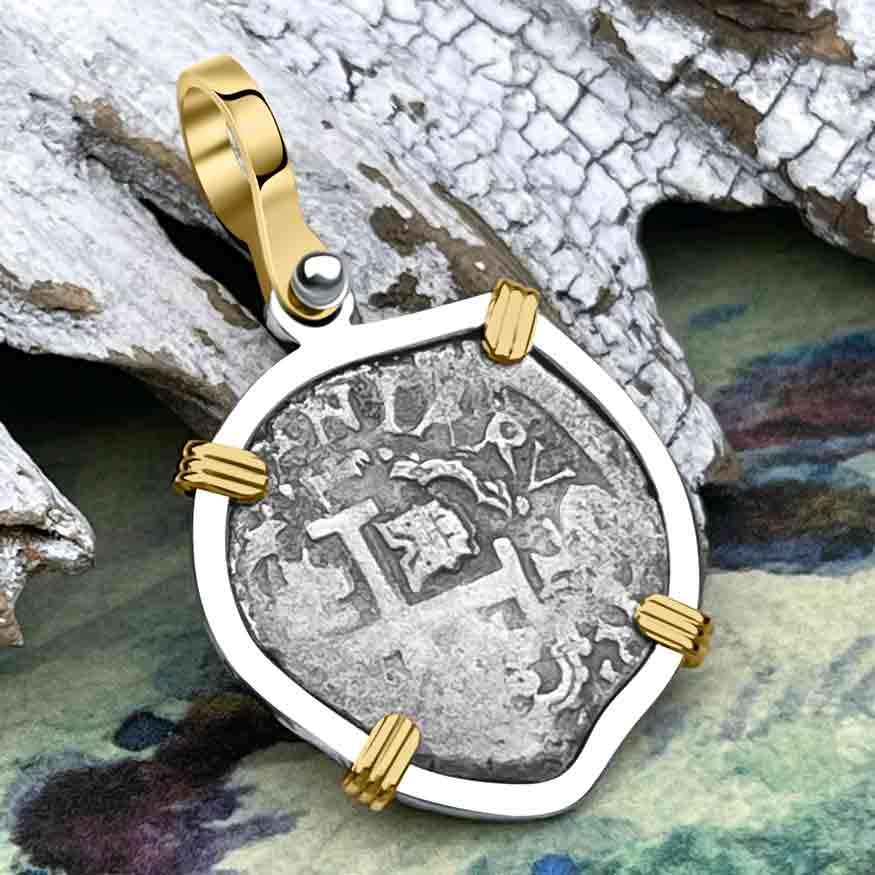 Dated 1715 Fleet Golden Age of Piracy Shipwreck Spanish 1 Reale &quot;Piece of 8&quot; 14K Gold and Sterling Silver Pendant