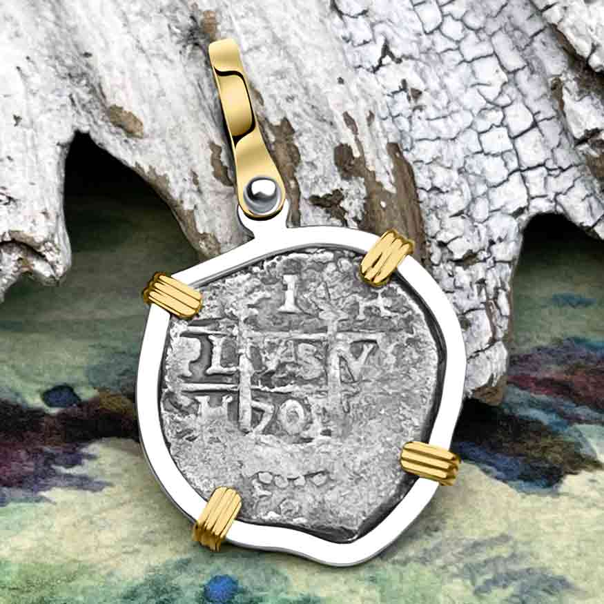 Dated 1715 Fleet Golden Age of Piracy Shipwreck Spanish 1 Reale &quot;Piece of 8&quot; 14K Gold and Sterling Silver Pendant