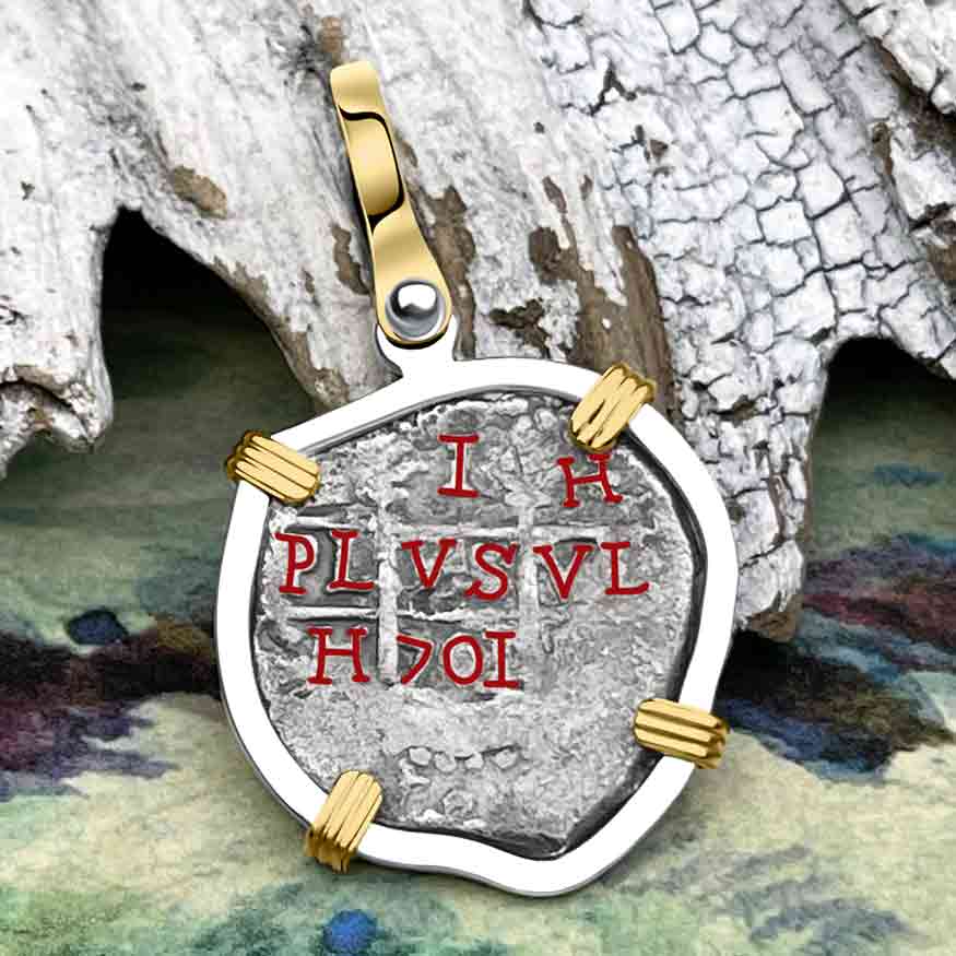 Dated 1715 Fleet Golden Age of Piracy Shipwreck Spanish 1 Reale &quot;Piece of 8&quot; 14K Gold and Sterling Silver Pendant