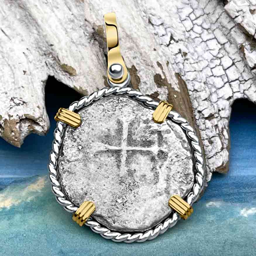 1715 Fleet Shipwreck Spanish Two Reale &quot;Piece of 8&quot; 14K Gold and Sterling Silver Pendant