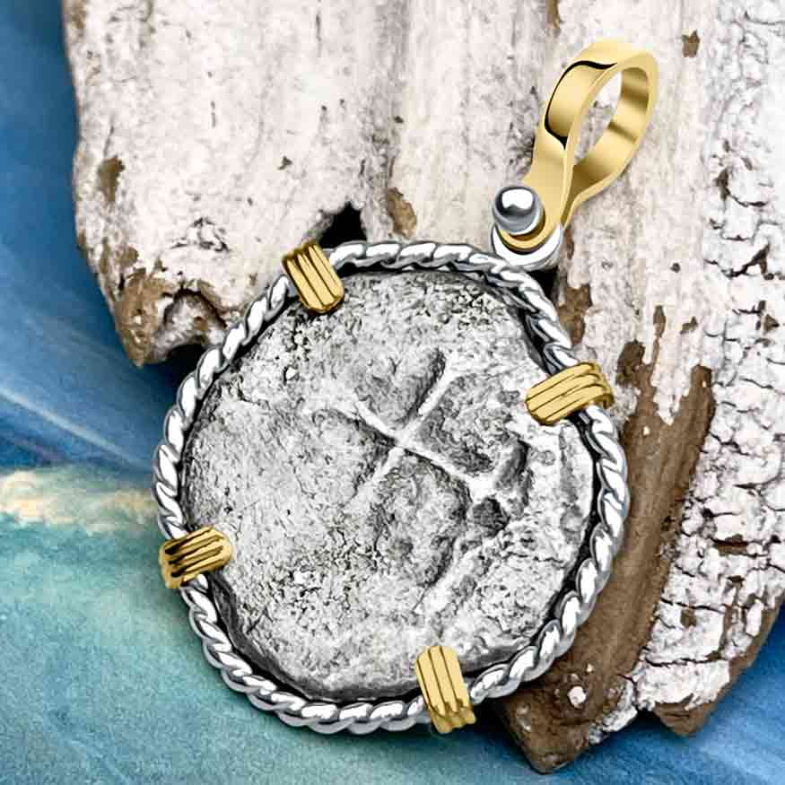 1715 Fleet Shipwreck Spanish Two Reale &quot;Piece of 8&quot; 14K Gold and Sterling Silver Pendant