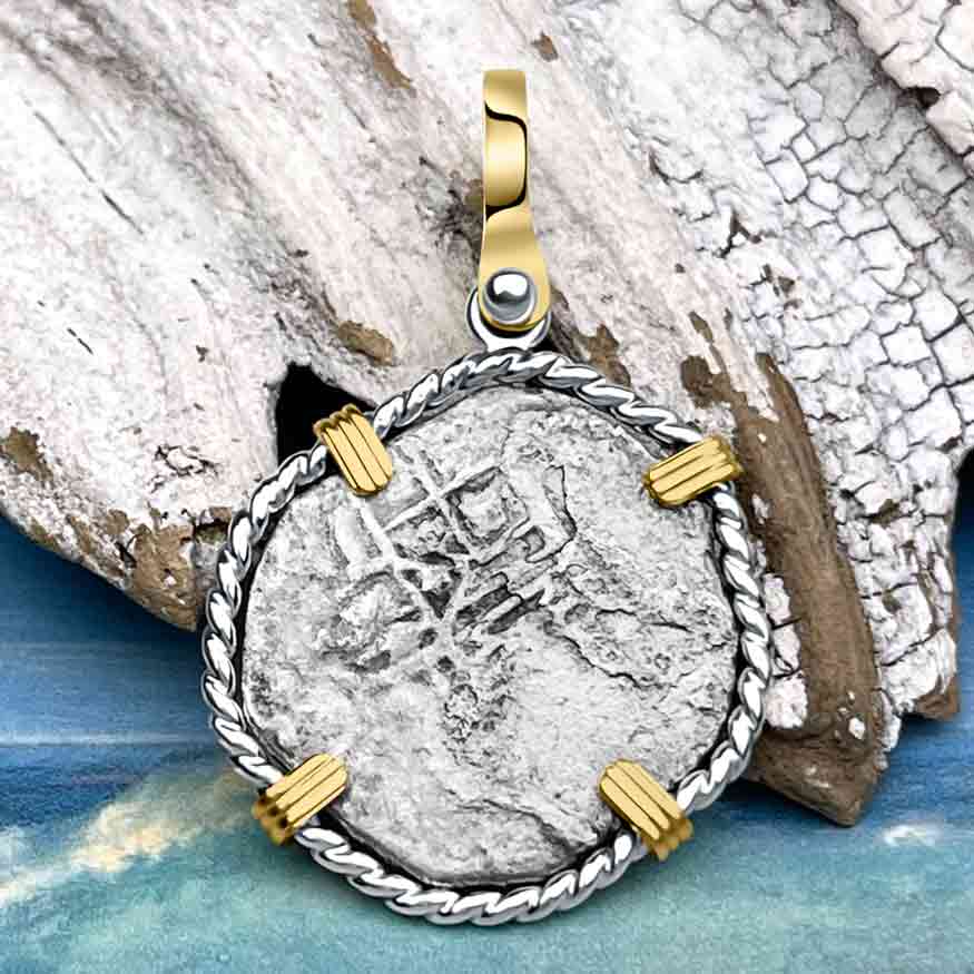 1715 Fleet Shipwreck Spanish Two Reale &quot;Piece of 8&quot; 14K Gold and Sterling Silver Pendant