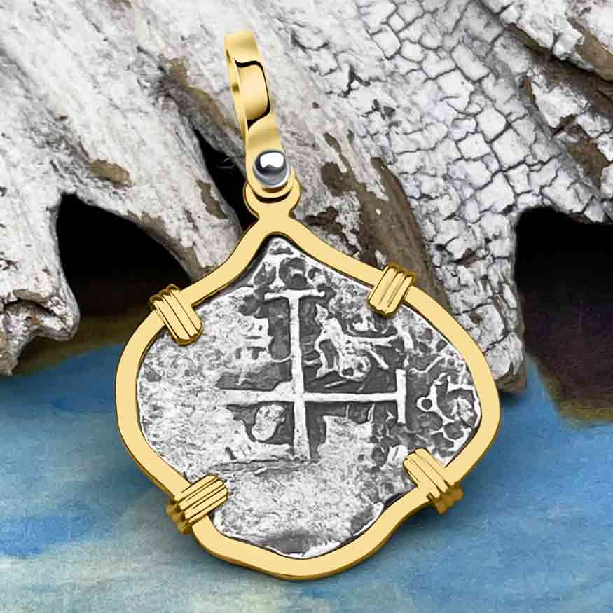 Dated 1715 Fleet Golden Age of Piracy Shipwreck Spanish 1 Reale &quot;Piece of 8&quot; 14K Gold Pendant