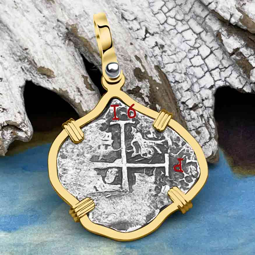 Dated 1715 Fleet Golden Age of Piracy Shipwreck Spanish 1 Reale &quot;Piece of 8&quot; 14K Gold Pendant