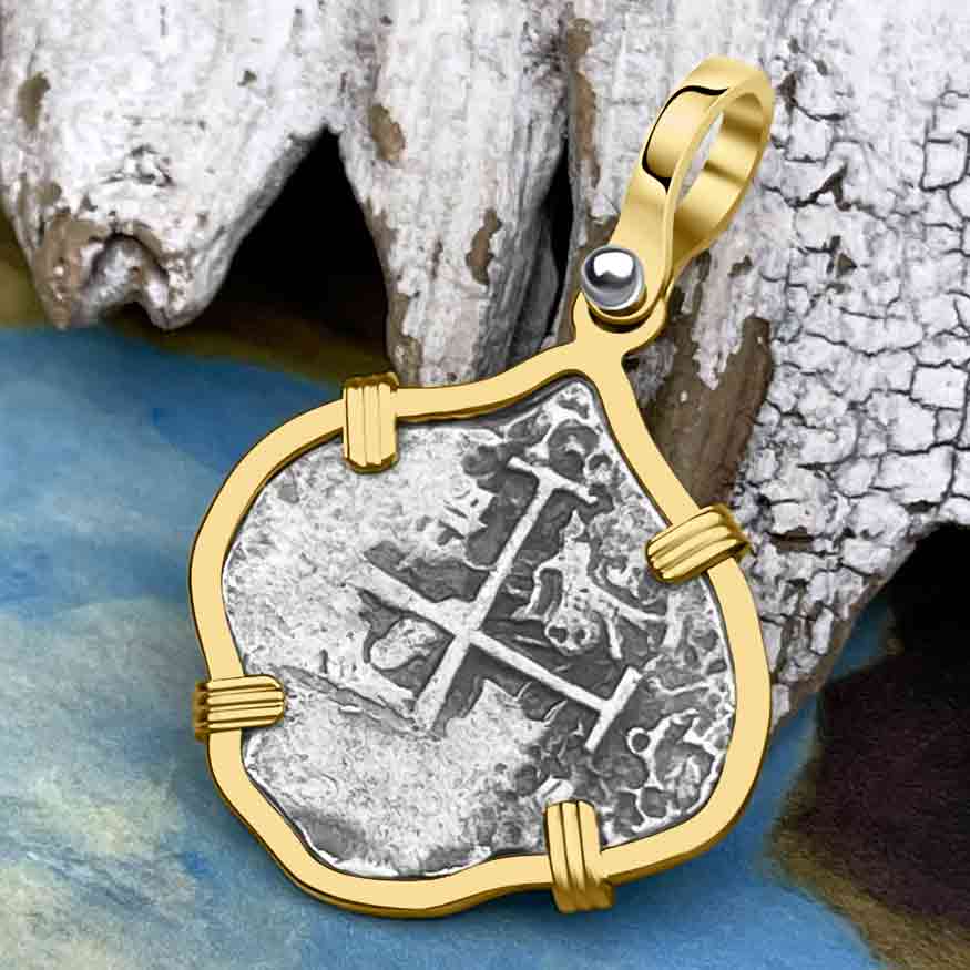 Dated 1715 Fleet Golden Age of Piracy Shipwreck Spanish 1 Reale &quot;Piece of 8&quot; 14K Gold Pendant