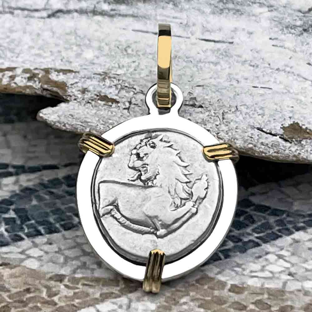 Ancient Greek Lion Hemidrachm 400 BC 14K Gold and Sterling Silver Pendant 