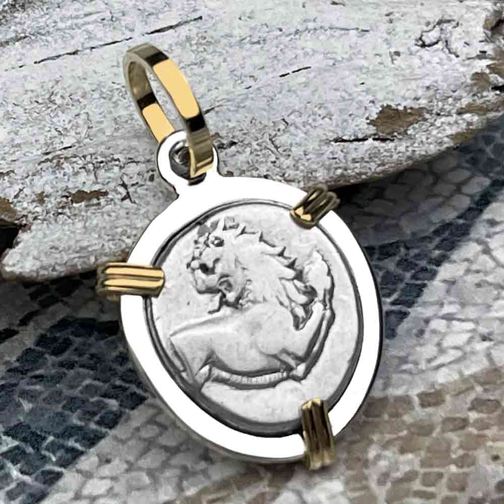 Ancient Greek Lion Hemidrachm 400 BC 14K Gold and Sterling Silver Pendant 