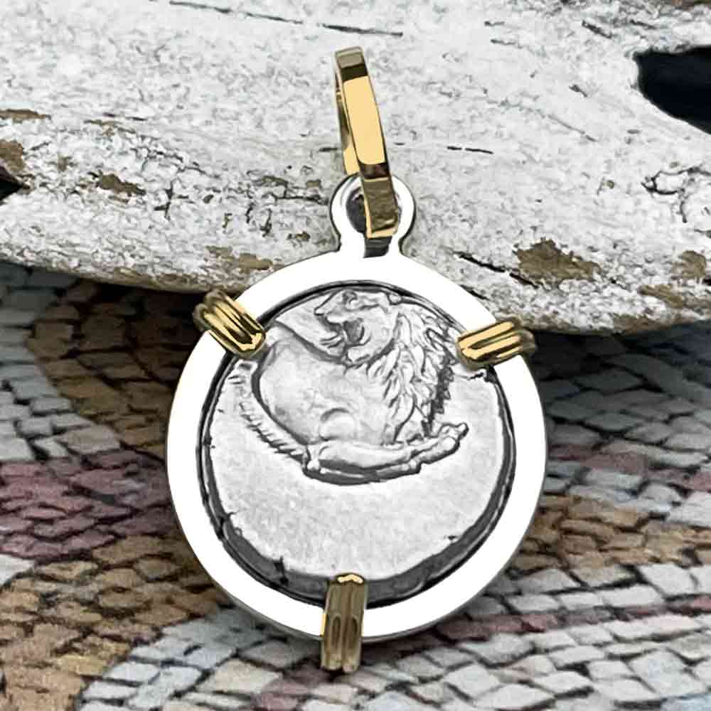 Ancient Greek Lion Hemidrachm 400 BC 14K Gold and Sterling Silver Pendant 